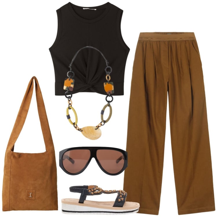Outfit donna - In vacanza. Stile Casual per Tutti i giorni. Abbinamento con top, occhiali da sole, borse a tracolla, pantaloni, sandali gioiello, collane.