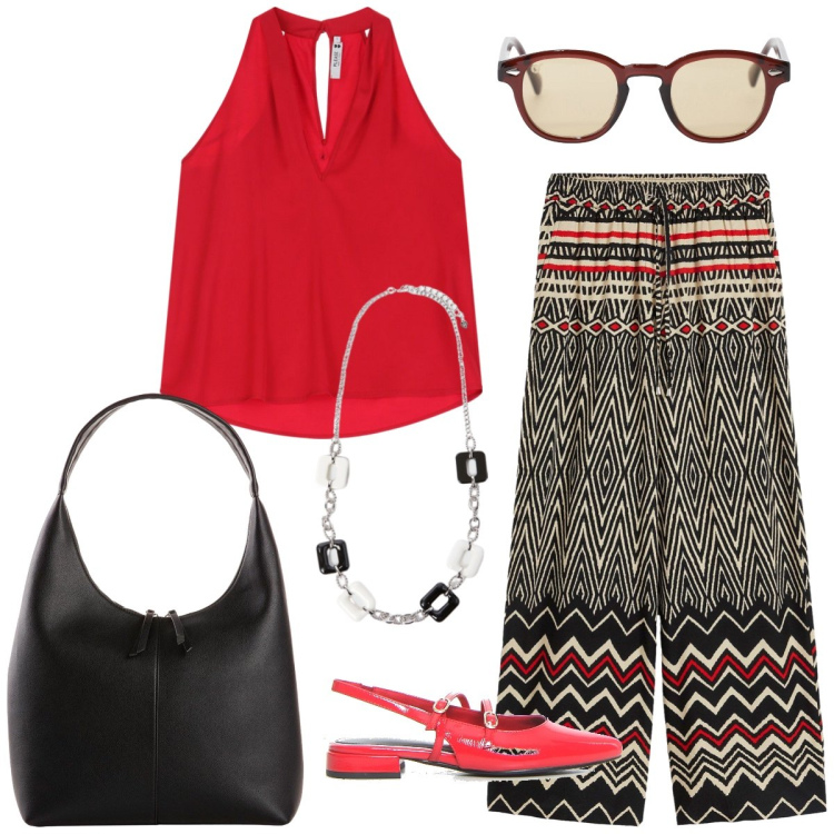 Outfit donna - In città. Stile Casual chic per Tutti i giorni. Abbinamento con pantaloni, shopping bag, top, occhiali da sole, collane, sandali in pelle.
