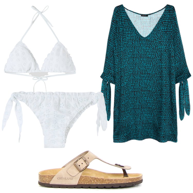 Outfit donna - Turchese in spiaggia. Stile Casual per Mare. Abbinamento con bikini, bikini, vestiti corti, infradito.