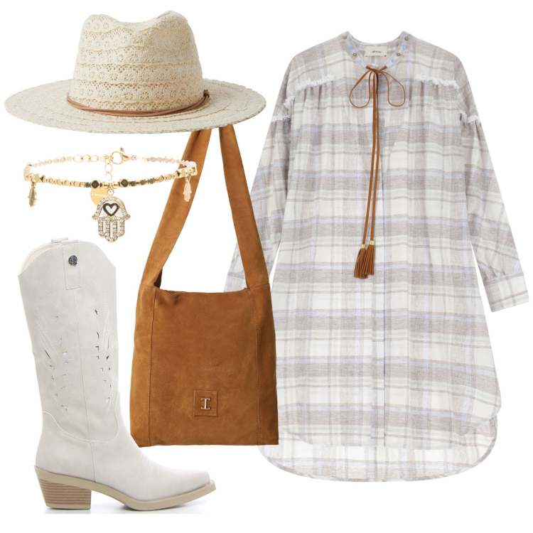 Outfit donna - Chemisier alla texana. Stile Etnico per Tutti i giorni. Abbinamento con cappelli, borse a tracolla, braccialetti, vestiti, stivali.