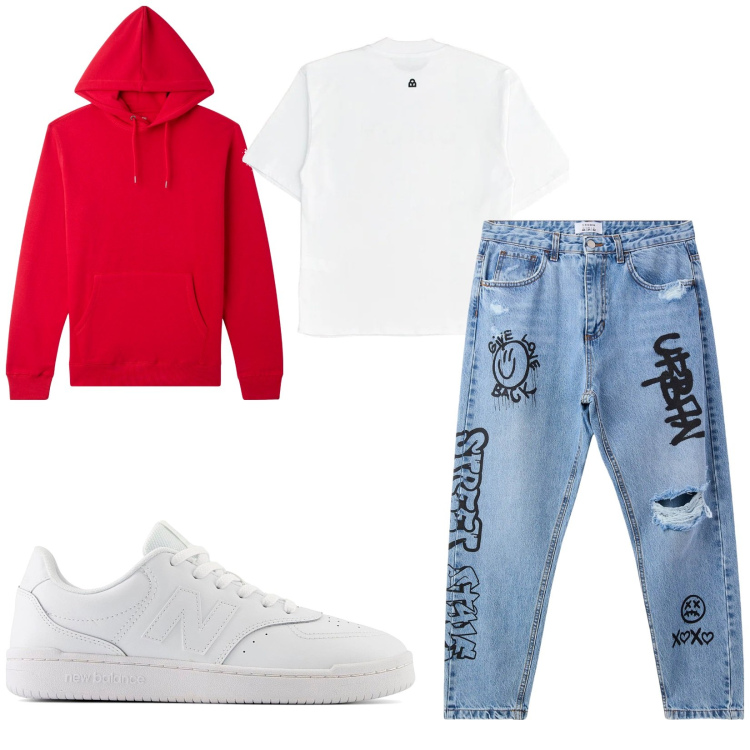 Outfit uomo - Total look #2229363. Stile Urban per Tutti i giorni. Abbinamento con felpe con cappuccio, jeans strappati, maglieria, sneakers.