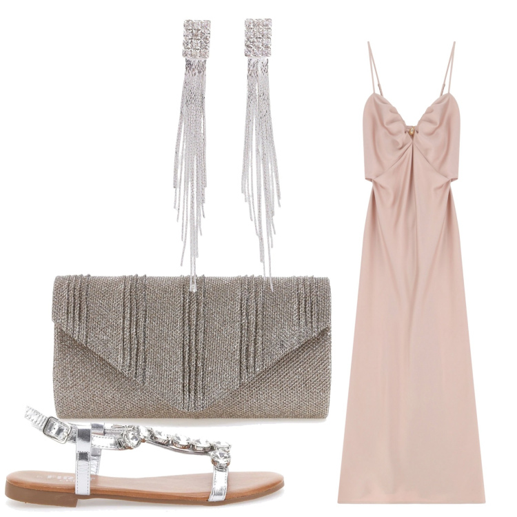 Outfit donna - Festa. Stile Chic per Mare. Abbinamento con orecchini, vestiti lunghi, clutch, sandali gioiello.