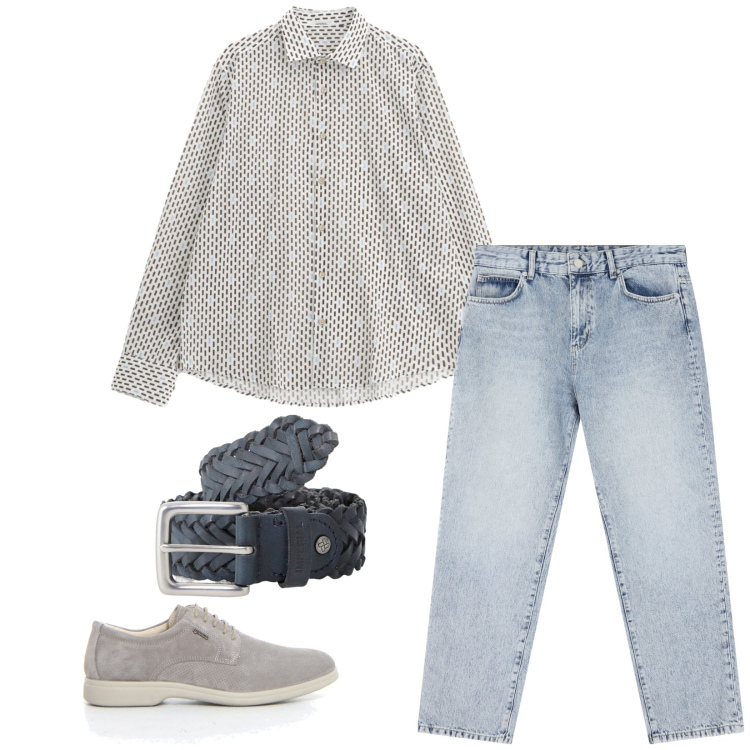 Outfit uomo - Jeans e camicia. Stile Trendy per Serata speciale. Abbinamento con jeans dritti, cinture, camicie, scarpe stringate.