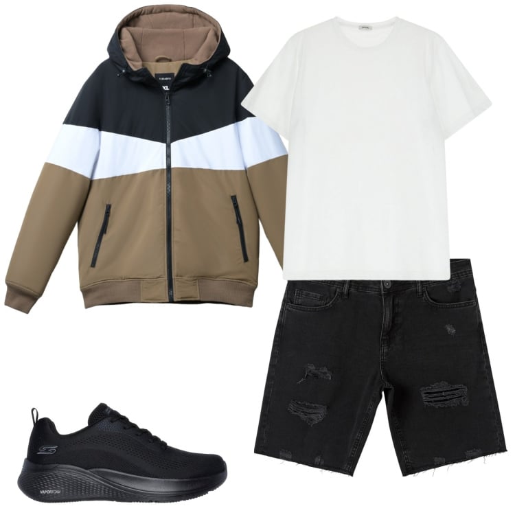 Outfit uomo - Total look #2229372. Stile Casual per Tutti i giorni. Abbinamento con shorts, piumini, t-shirt, sneakers.
