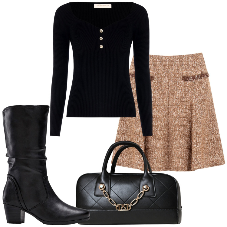 Outfit donna - Il freddo è forte. Stile Trendy per Tutti i giorni. Abbinamento con stivali, maglieria, minigonne, borse a mano.