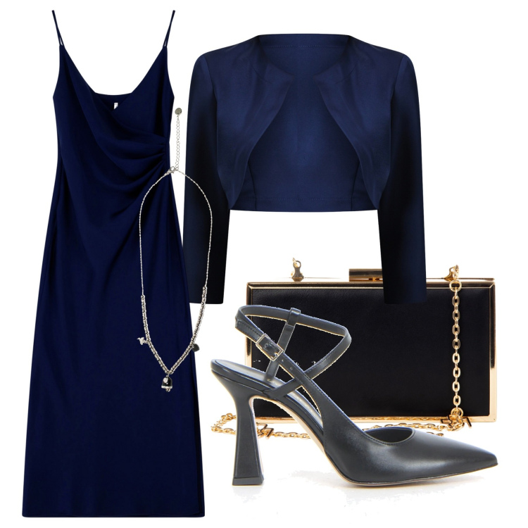 Outfit donna - Total look #2229377. Stile Chic per Cerimonia. Abbinamento con bolero, pochette, vestiti midi/longuette, ciondoli, sandali col tacco.