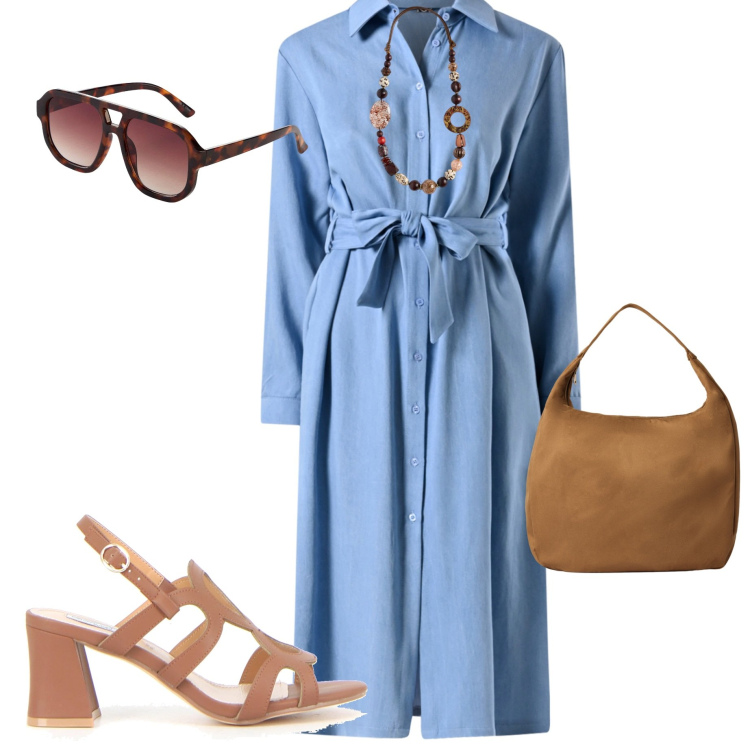 Outfit donna - Abito chemisier. Stile Casual chic per Ufficio. Abbinamento con occhiali da sole, borse a mano, vestiti chemisier, sandali col tacco, collane.