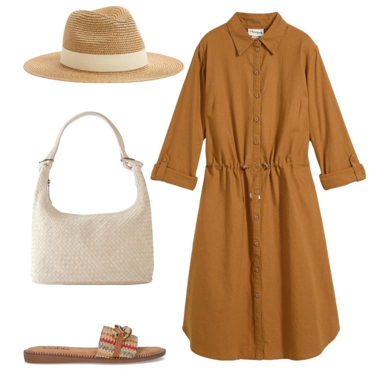 Outfit donna - In campagna. Stile Basic per Tutti i giorni. Abbinamento con vestiti chemisier, shopping bag, cappelli, ciabatte.