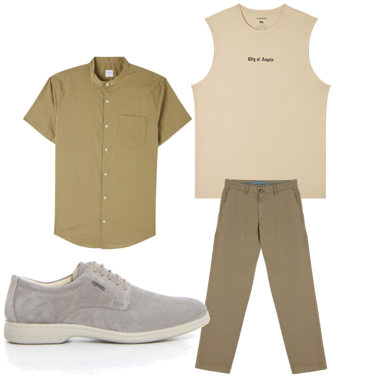 Outfit uomo - Beige. Stile Casual per Tutti i giorni. Abbinamento con camicie a manica corta, canottiere, pantaloni chino, scarpe stringate.