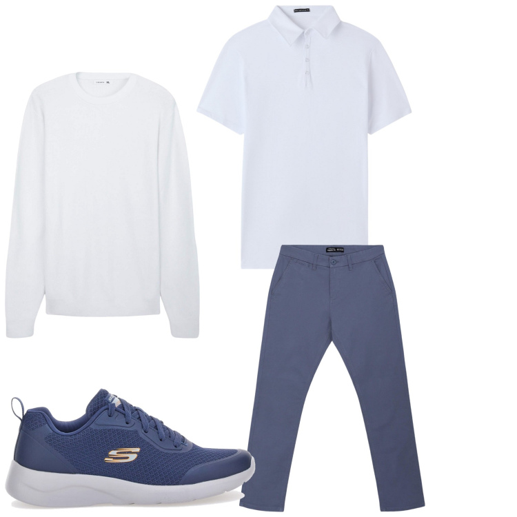 Outfit uomo - Cinema all\'aperto. Stile Casual per Serata speciale. Abbinamento con maglieria, polo, pantaloni chino, sneakers.