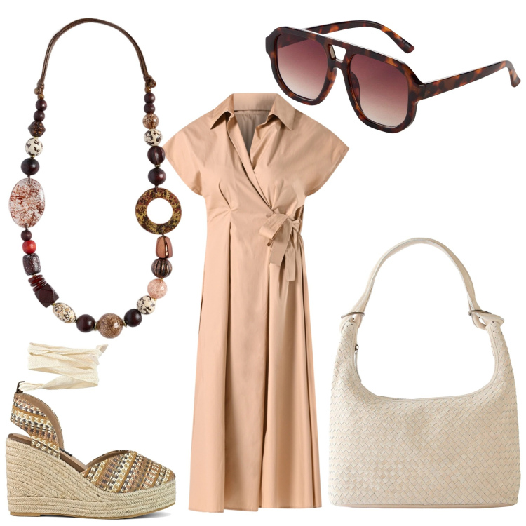 Outfit donna - La mostra d"arte. Stile Chic per Tutti i giorni. Abbinamento con shopping bag, occhiali da sole, vestiti chemisier, zeppe, collane.