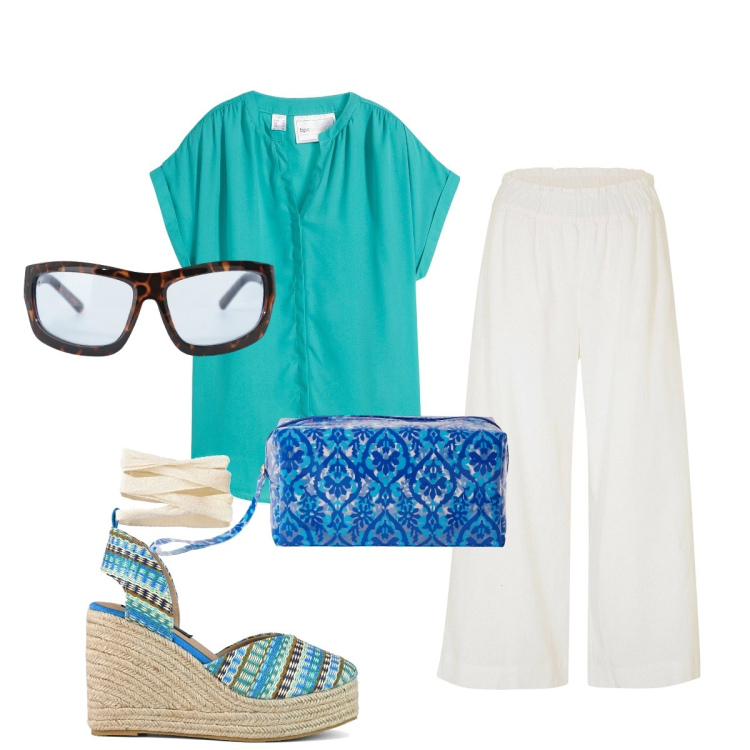 Outfit donna - In città. Stile Bon Ton per Tutti i giorni. Abbinamento con camicie, pantaloni culotte, pochette, occhiali da sole, zeppe.