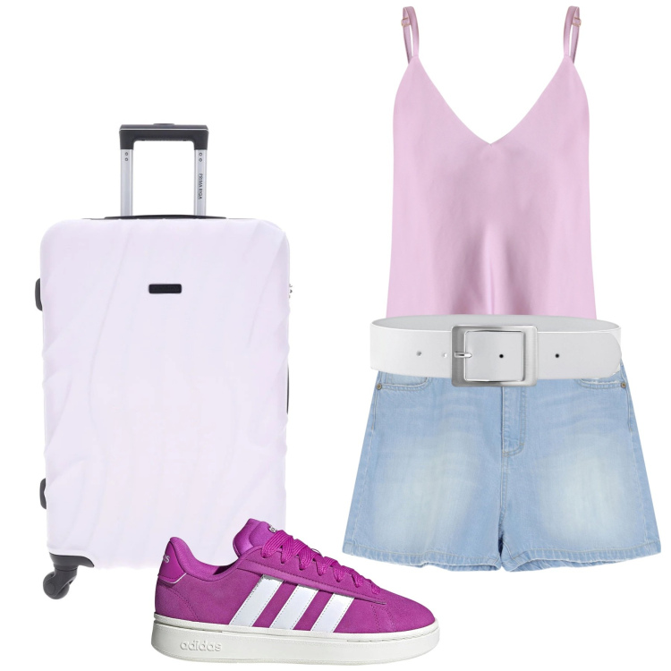 Outfit donna - Uno, due, tre, partenza!. Stile Basic per Tutti i giorni. Abbinamento con cinture, canottiere, shorts, sneakers, valigie.