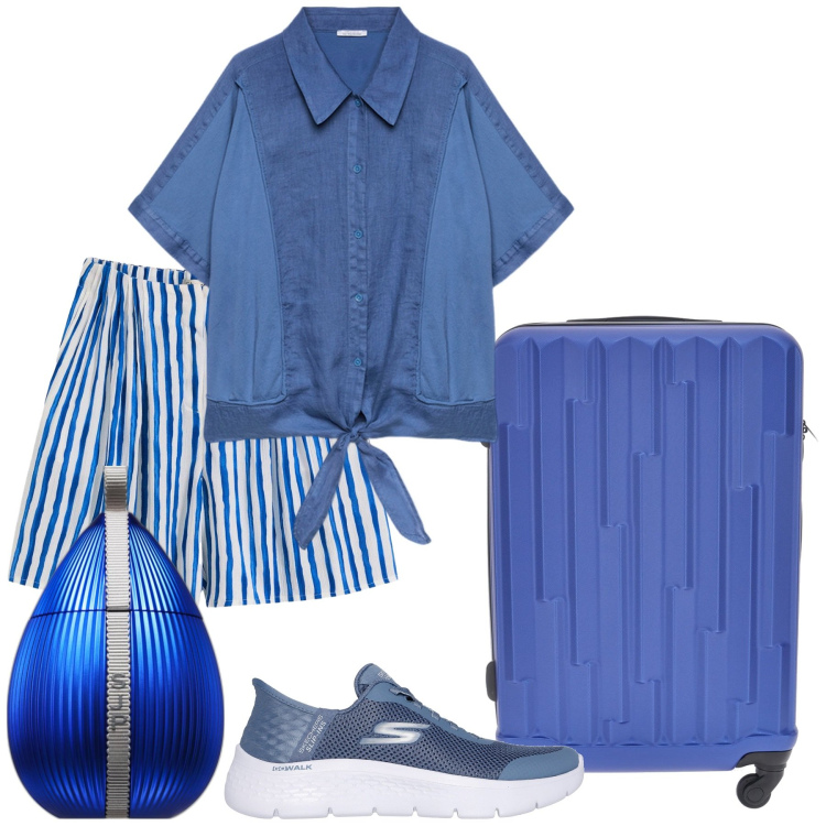 Outfit donna - Vacanza in blu. Stile Casual chic per Mare. Abbinamento con bermuda, profumi, camicie, valigie, sneakers.