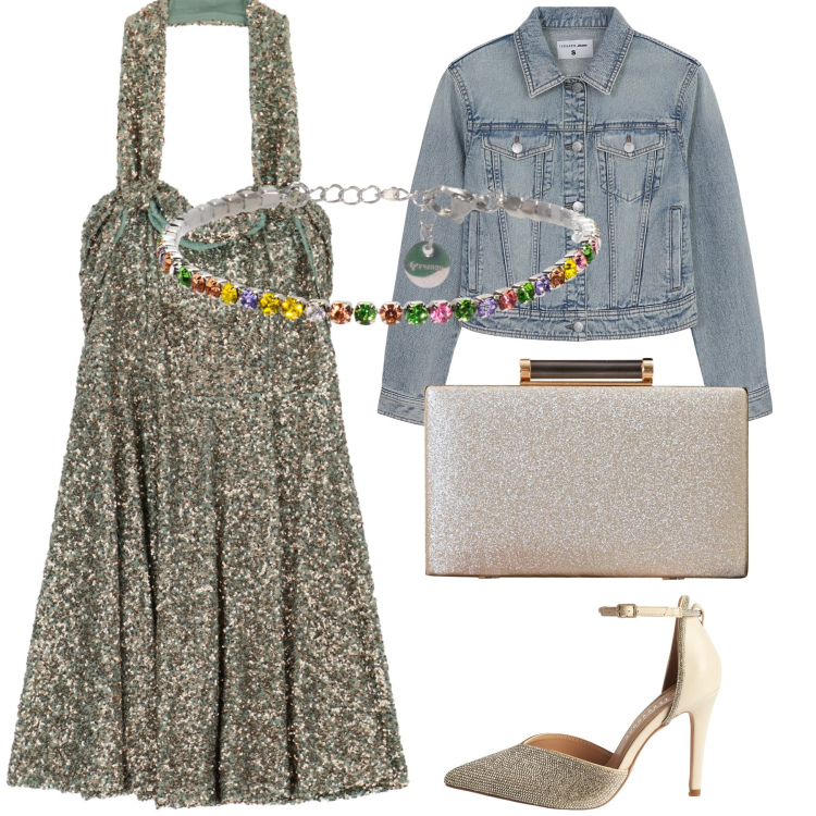 Outfit donna - Bagliori sul jeans. Stile Glamour per Serata fuori. Abbinamento con décolleté, blazer, clutch, vestiti corti, braccialetti.