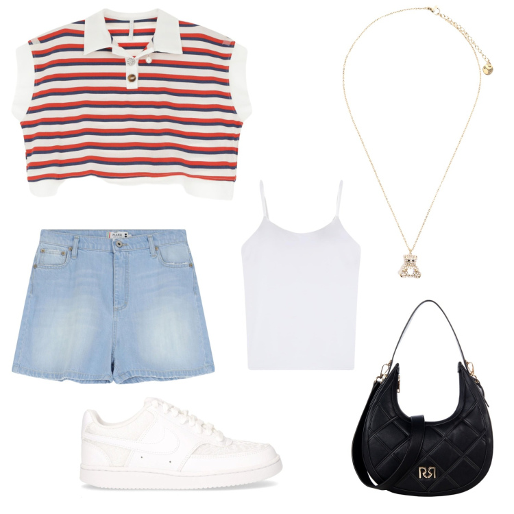 Outfit donna - Giornata con le amiche. Stile Casual per Tutti i giorni. Abbinamento con magliette intime, borse a tracolla, shorts, polo, ciondoli, sneakers.