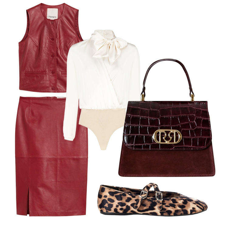 Outfit donna - Rientro in ufficio. Stile Casual chic Abbinamento con gilet, gonne, body, ballerine, borse a mano.