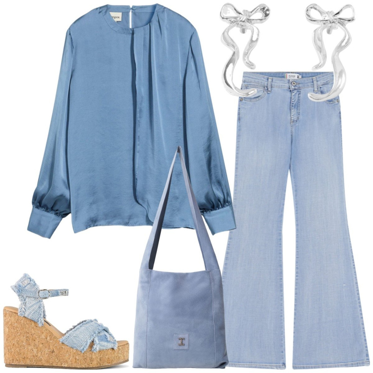 Outfit donna - In jeans. Stile Casual chic per Tutti i giorni. Abbinamento con bluse, orecchini, jeans a zampa, borse a tracolla, zeppe.