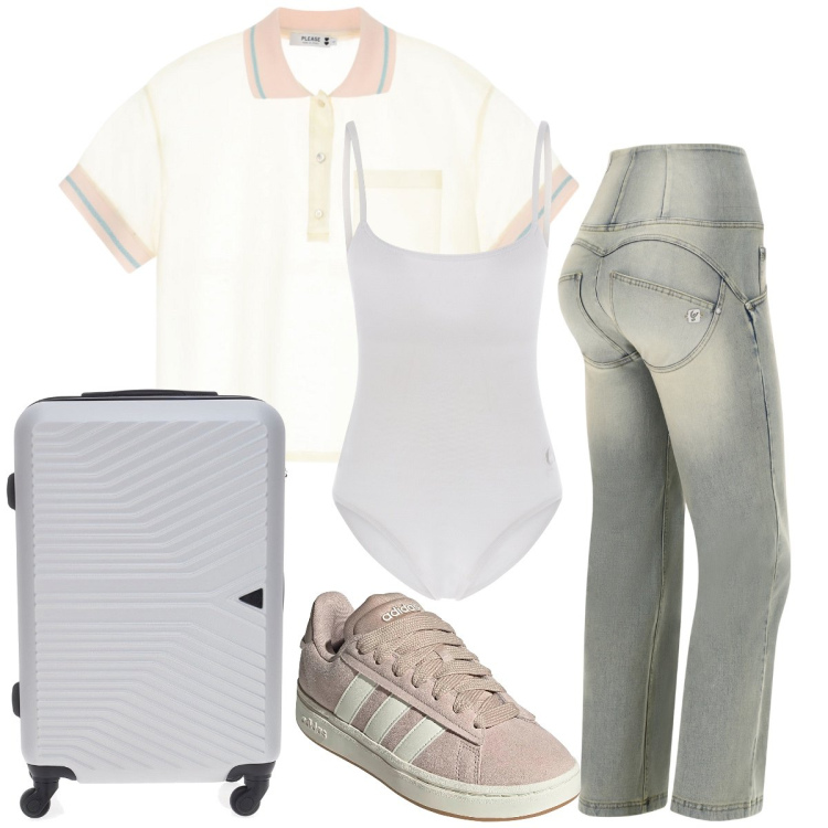 Outfit donna - In partenza. Stile Casual per Tutti i giorni. Abbinamento con polo, body, jeans, valigie, sneakers.