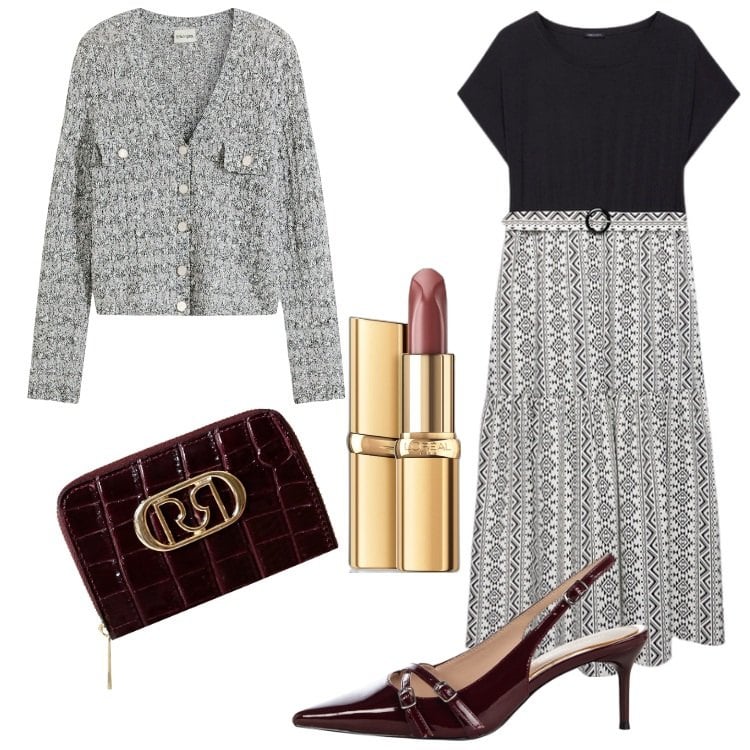 Outfit donna - idee per settembre. Stile Bon Ton per Serata fuori. Abbinamento con cardigans, rossetti, décolleté, portafogli, vestiti lunghi.