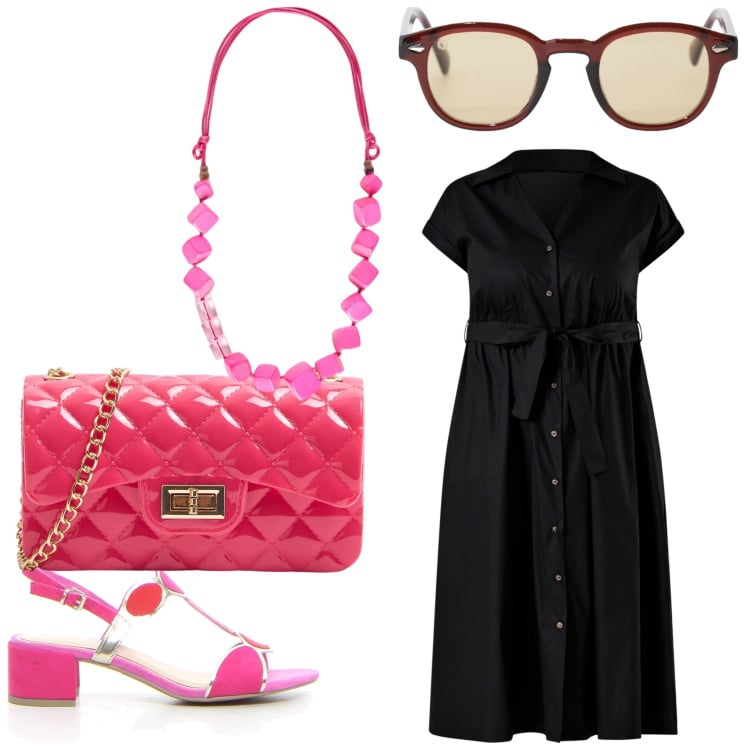 Outfit donna - Accessori fucsia. Stile Chic per Tutti i giorni. Abbinamento con borse a tracolla, vestiti chemisier, occhiali da sole, collane, sandali col tacco.