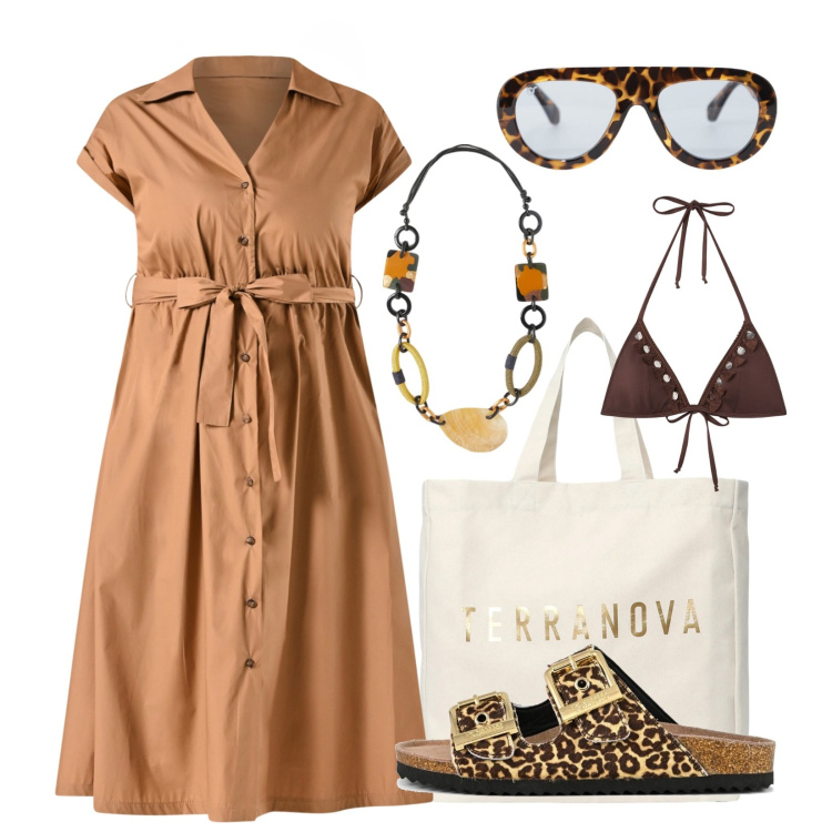 Outfit donna - Chemisier!. Stile Casual per Tutti i giorni. Abbinamento con bikini, borse tote, vestiti chemisier, occhiali da sole, sandali in pelle, collane.