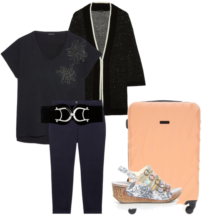 Outfit donna - Volo. Stile Casual per Tutti i giorni. Abbinamento con cinture, cardigans, t-shirt, valigie, pantaloni skinny, sandali col tacco.