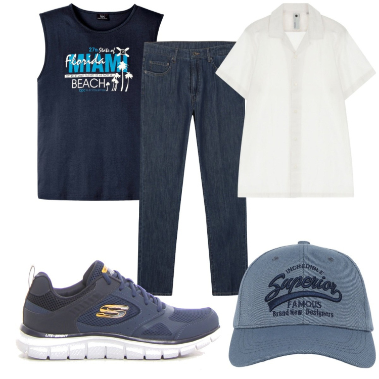 Outfit uomo - Total look #2229440. Stile Trendy per Tutti i giorni. Abbinamento con canottiere, cappelli con visiera, camicie a manica corta, jeans, sneakers.