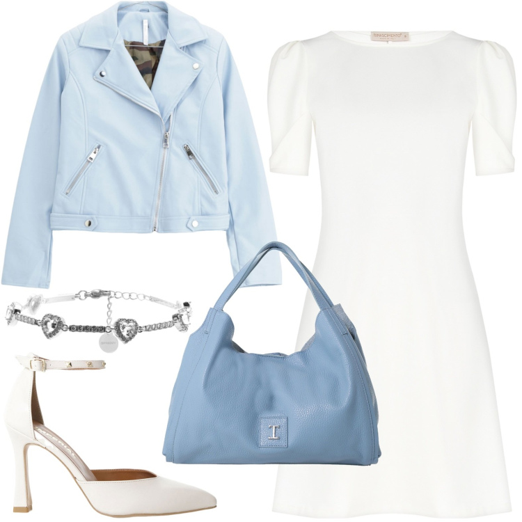 Outfit donna - Vestito a trapezio. Stile Bon Ton per Ufficio. Abbinamento con vestiti, blazer, pochette, décolleté, braccialetti.