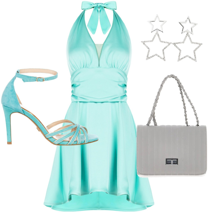 Outfit donna - Cerimonia. Stile Chic per Cerimonia. Abbinamento con orecchini, vestiti corti, sandali col tacco, borse a tracolla.