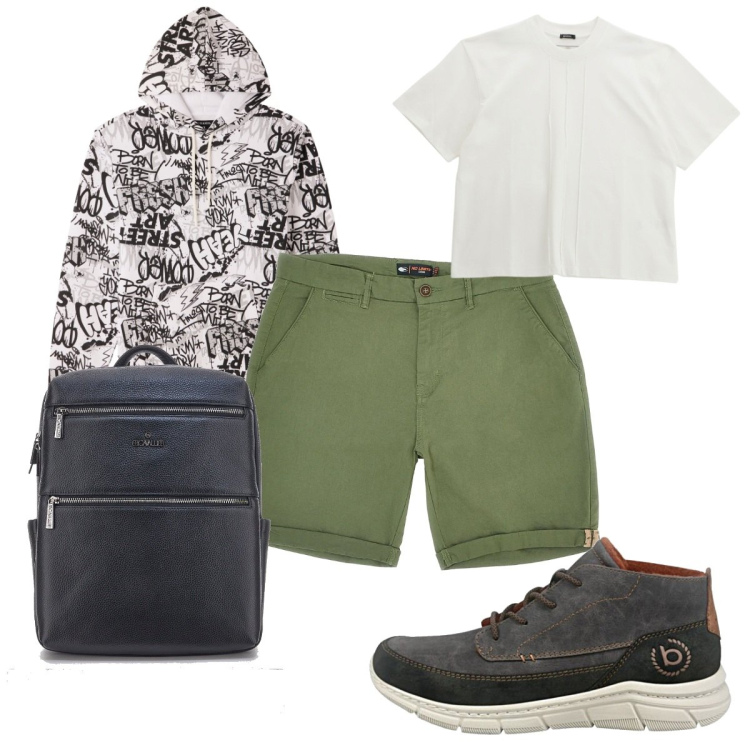 Outfit uomo - Total look #2229456. Stile Trendy per Tutti i giorni. Abbinamento con felpe con cappuccio, t-shirt, sneakers alte, borse sportive, pantaloni cargo.