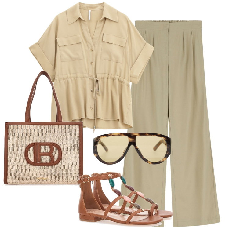 Outfit donna - La borsetta in paglia/rafia. Stile Casual chic per Tutti i giorni. Abbinamento con pantaloni, camicie a manica corta, occhiali da sole, sandali gioiello, borse a spalla.