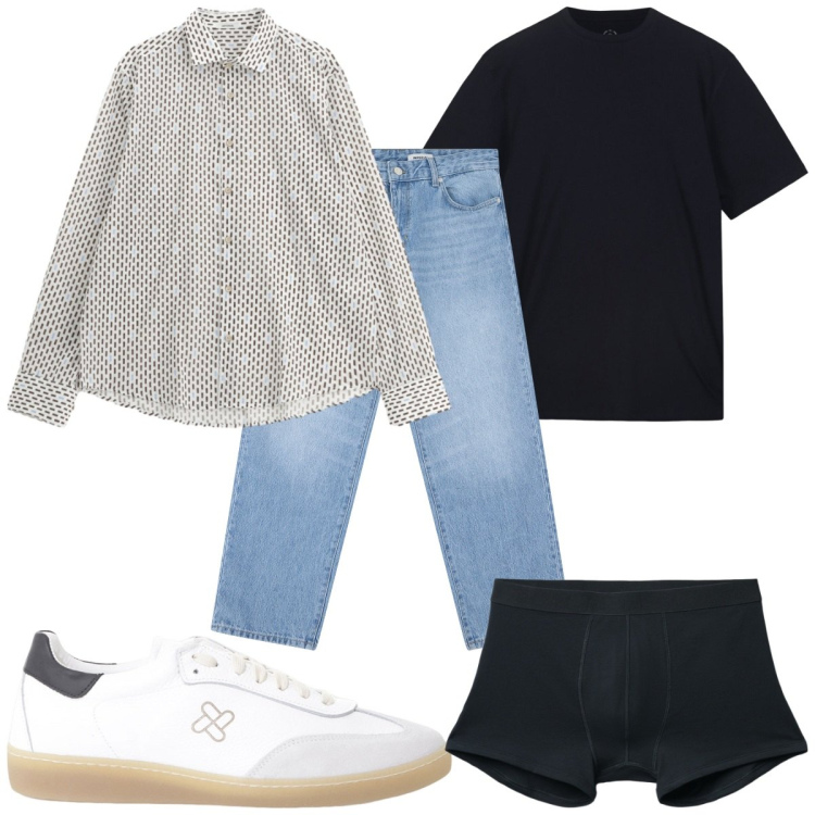 Outfit uomo - Total look #2229459. Stile Trendy per Tutti i giorni. Abbinamento con boxer, jeans, sneakers, camicie, t-shirt.