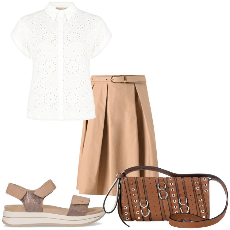 Outfit donna - Giornata lavorativa. Stile Romantica per Tutti i giorni. Abbinamento con camicie a manica corta, borse a spalla, gonne longuette, sandali.