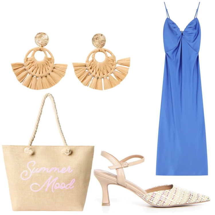 Outfit donna - Total look #2229465. Stile Casual per Mare. Abbinamento con orecchini, borse tote, vestiti lunghi, sandali col tacco.