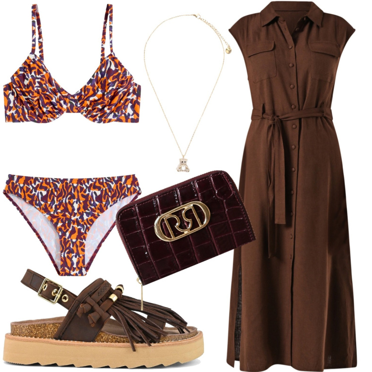 Outfit donna - Total look #2229466. Stile Casual chic Abbinamento con bikini, portafogli, vestiti chemisier, ciondoli, sandali.