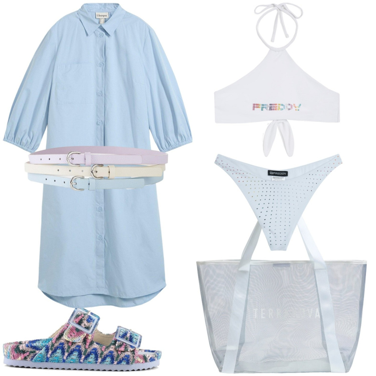 Outfit donna - Total look #2229469. Stile Casual chic Abbinamento con cinture, vestiti chemisier, shopping bag, bikini, bikini, sandali.