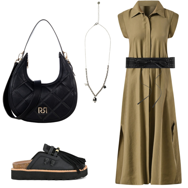 Outfit donna - Abito chemisier. Stile Casual chic per Tutti i giorni. Abbinamento con cinture, borse a tracolla, vestiti chemisier, ciondoli, sabot.