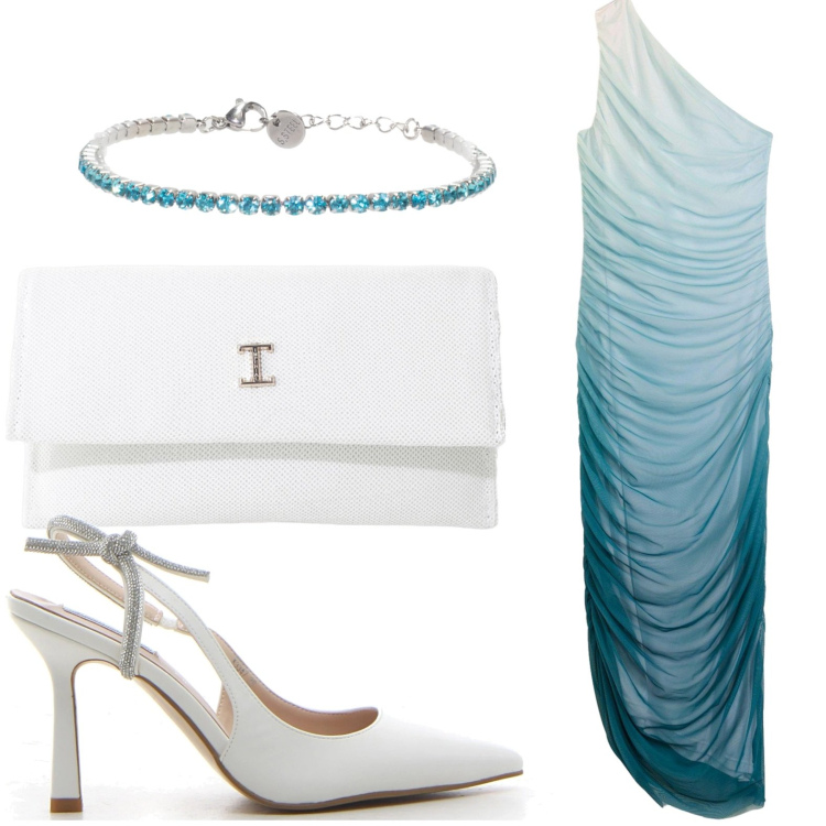 Outfit donna - Turchese &bianco un matrimonio perfetto. Stile Chic per Cerimonia. Abbinamento con vestiti asimmetrici, borse a tracolla, braccialetti, décolleté.