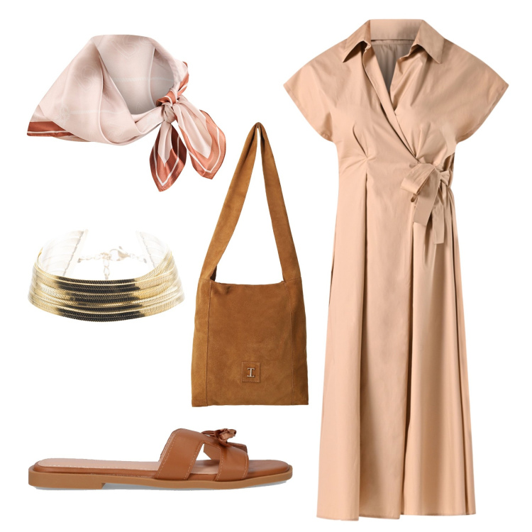 Outfit donna - Lo chemisier in città. Stile Trendy per Tutti i giorni. Abbinamento con vestiti chemisier, foulard, borse a tracolla, braccialetti, ciabatte.
