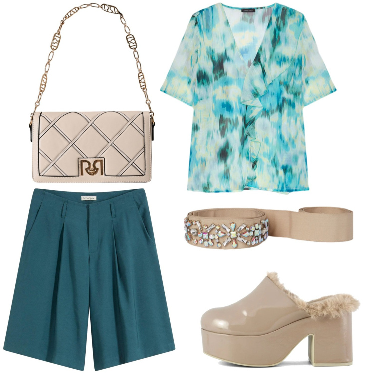Outfit donna - Beige e turchese. Stile Casual chic per Tutti i giorni. Abbinamento con bermuda, borse a tracolla, bluse, sabot, cinture.