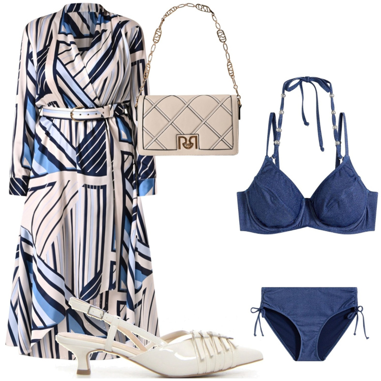 Outfit donna - Dall\'alba al tramonto in spiaggia. Stile Chic per Tutti i giorni. Abbinamento con bikini, borse a tracolla, vestiti chemisier, décolleté.