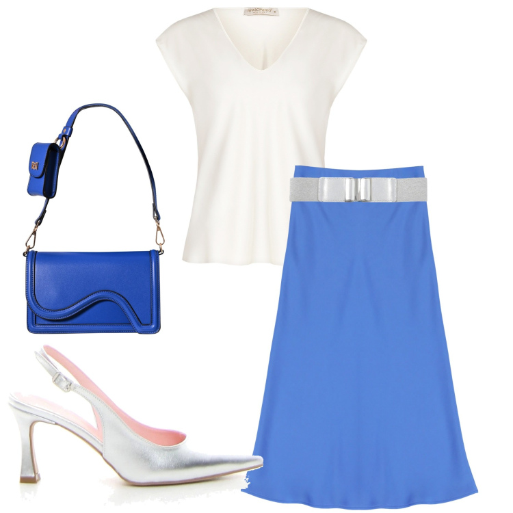 Outfit donna - Il potere del turchese. Stile Casual chic per Serata fuori. Abbinamento con cinture, bluse, pochette, gonne longuette, décolleté.