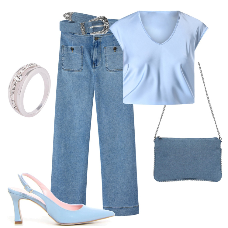 Outfit donna - Pizzata in turchese e denim. Stile Casual chic per Serata fuori. Abbinamento con anelli, jeans, borse a tracolla, cinture, bluse, décolleté.
