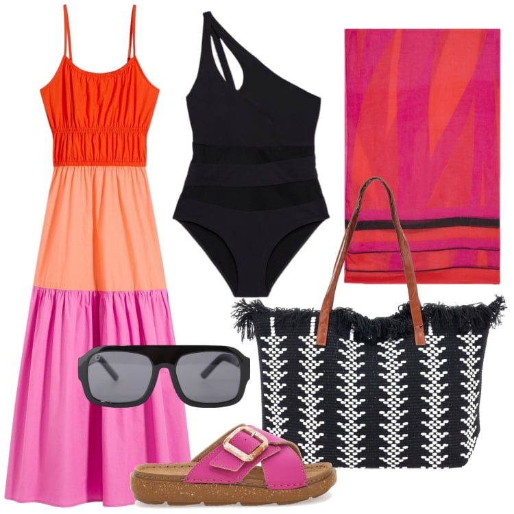 Outfit donna - Pronta per il mare. Stile Trendy per Mare. Abbinamento con vestiti, occhiali da sole, ciabatte, costumi interi, borse a spalla, vestiti da spiaggia.