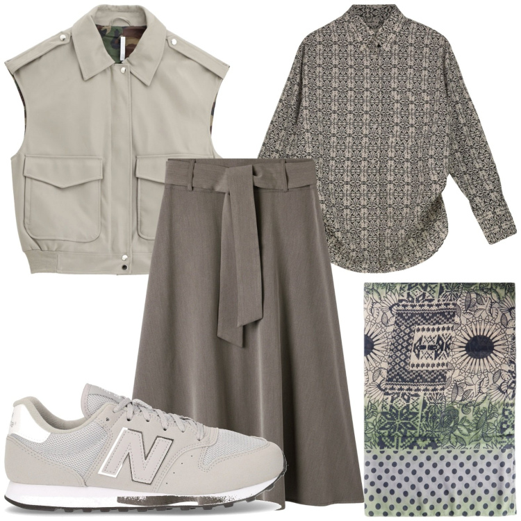 Outfit donna - Total look #2229502. Stile Mannish per Tutti i giorni. Abbinamento con gonne lunghe, gilet, camicie, stole, sneakers.