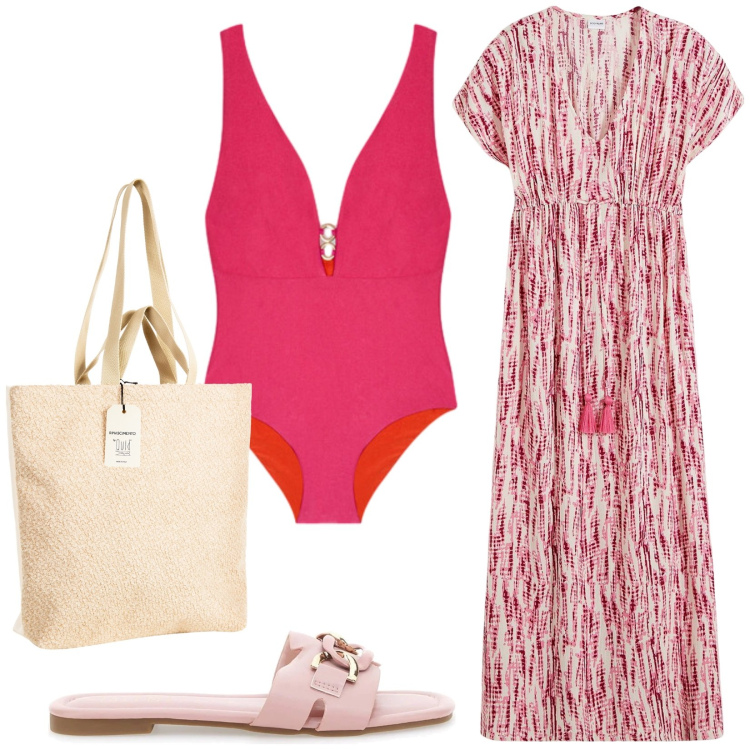 Outfit donna - Total look #2229507. Stile Romantica per Mare. Abbinamento con vestiti lunghi, borse tote, ciabatte, costumi interi.