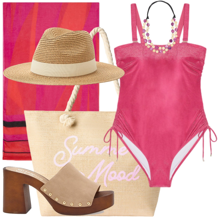 Outfit donna - Beach Lady. Stile Casual chic per Mare. Abbinamento con cappelli, borse tote, costumi interi, zoccoli, collane, vestiti da spiaggia.