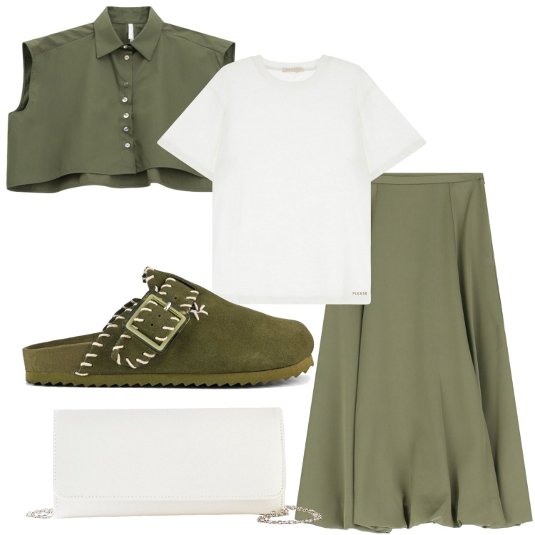 Outfit donna - La camicia mini. Stile Casual per Tutti i giorni. Abbinamento con pochette, t-shirt, camicie, gonne longuette, sabot.