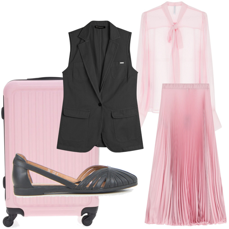 Outfit donna - Il gilet protagonista. Stile Casual per Tutti i giorni. Abbinamento con gonne lunghe, camicie, gilet, ballerine, valigie.
